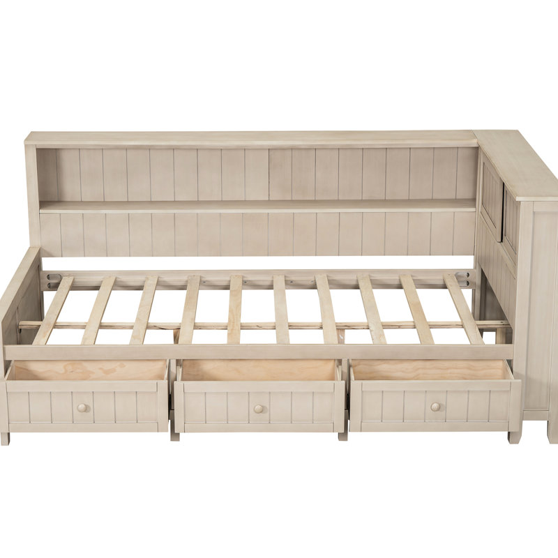 Lit de jour simple en bois avec tablettes et 3 tiroirs, blanc antique, fabrication solide, sans sommier blanc multi bois, nécessaire