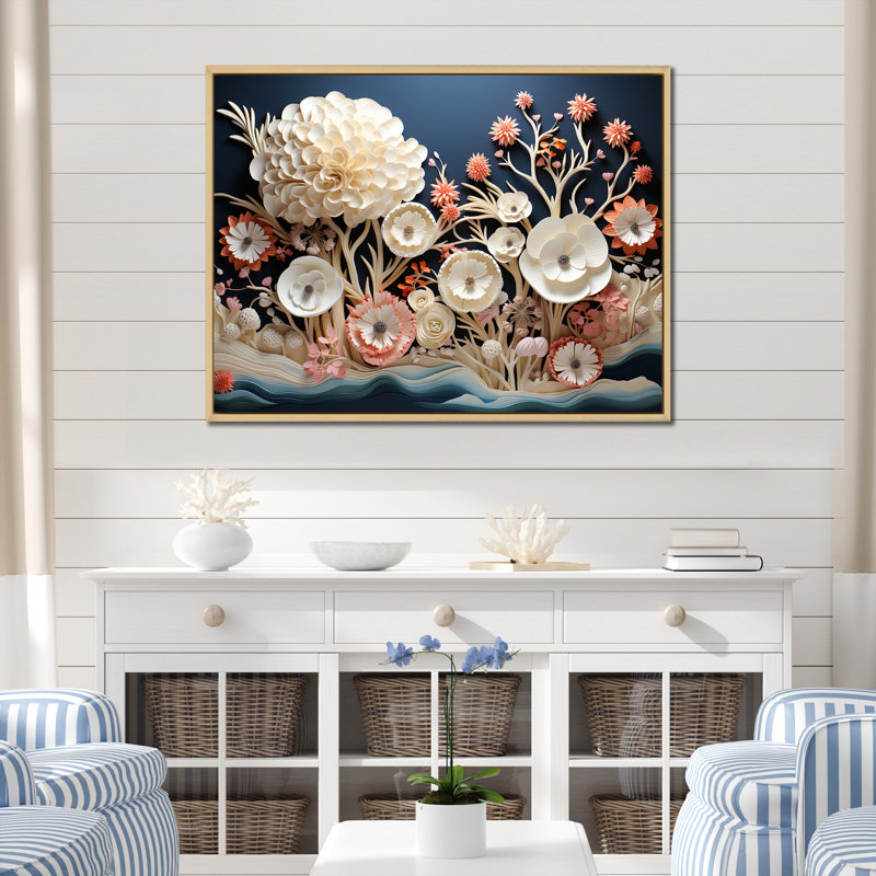 Fleurs de corail sur toile, Cadre naturel flottant, H 24 po x l 32 po