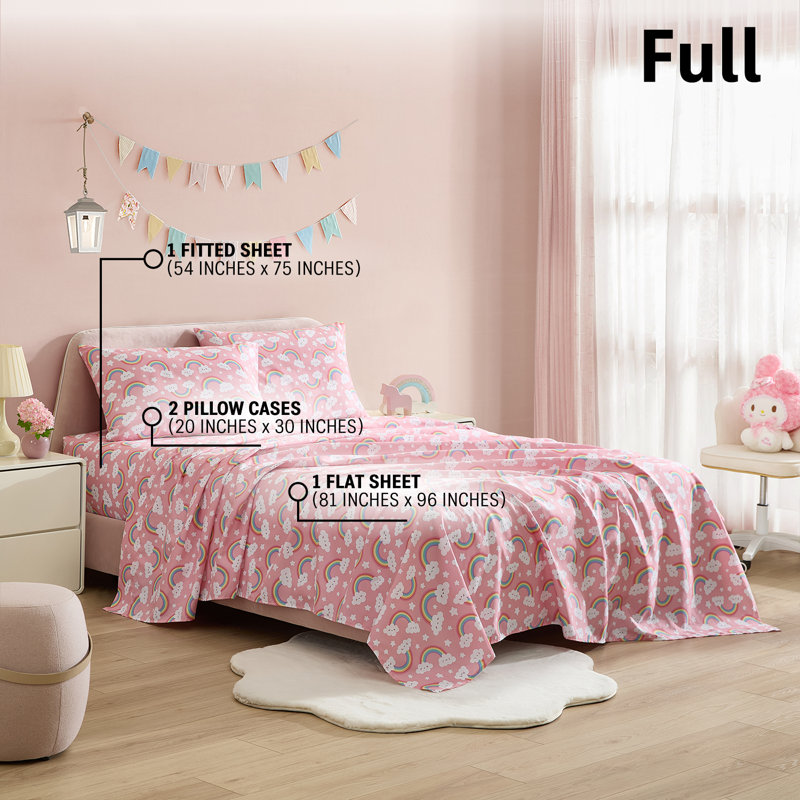HLC.ME Pink Rainbow Printed Kids Bed Sheets - 4 Piece Patterned Bed Sheet Set - Wrinkle Resistant & Ultra Soft - Fits Mattresses up to 15 Inches Deep - Full