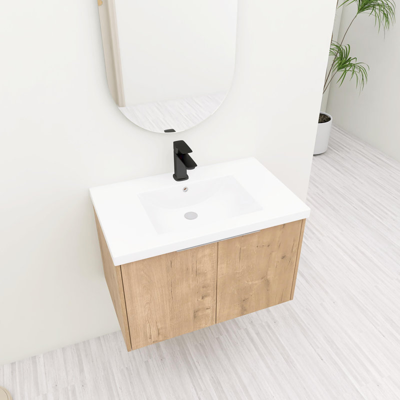 Meuble-lavabo mural simple 30 po avec lavabo en résine et 2 portes d'armoire à fermeture en douceur, Chêne