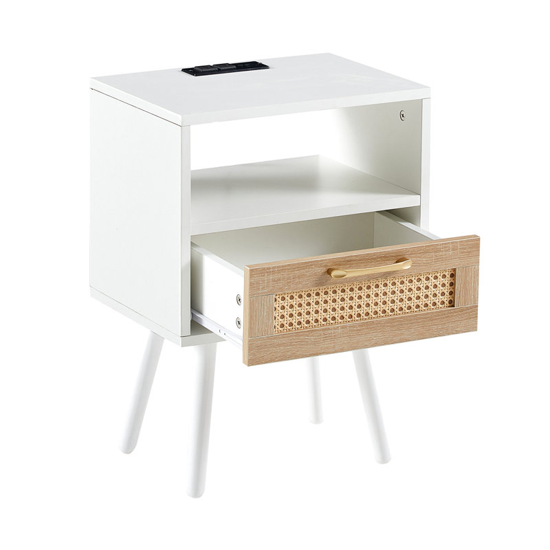 15.63" Side Table With Drawer And Body - Modern Nightstand For Office. White Solid Wood Legs, Woven Exterior, Practical Office Furniture Bedroom Material, Door Panels,