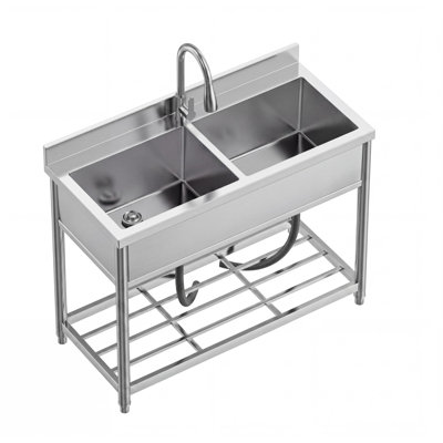 Évier utilitaire 42 po x 22 po en acier inoxydable - Double cuve avec robinet rétractable, eau chaude et froide - Pour la cuisine, la lessive, le garage et le sous-sol