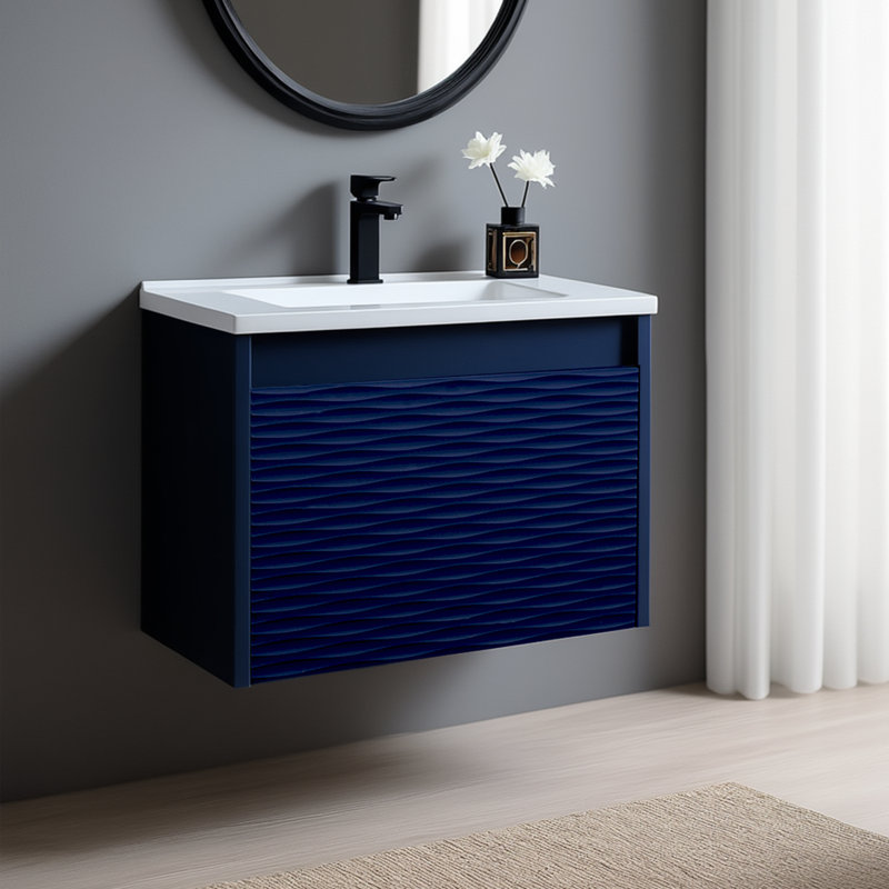 24" Modern White Floating Bathroom Vanity With Ceramic Top, Blue