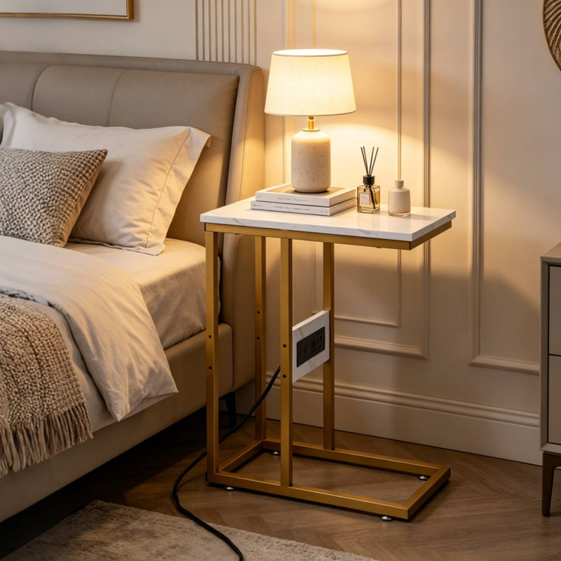 C Shaped End Table with Charging Station, Side Table with USB Ports & Outlets, Sofa Table, Coffee Table, Snack Table, Bedside Nightstand for Living Room & Bedroom