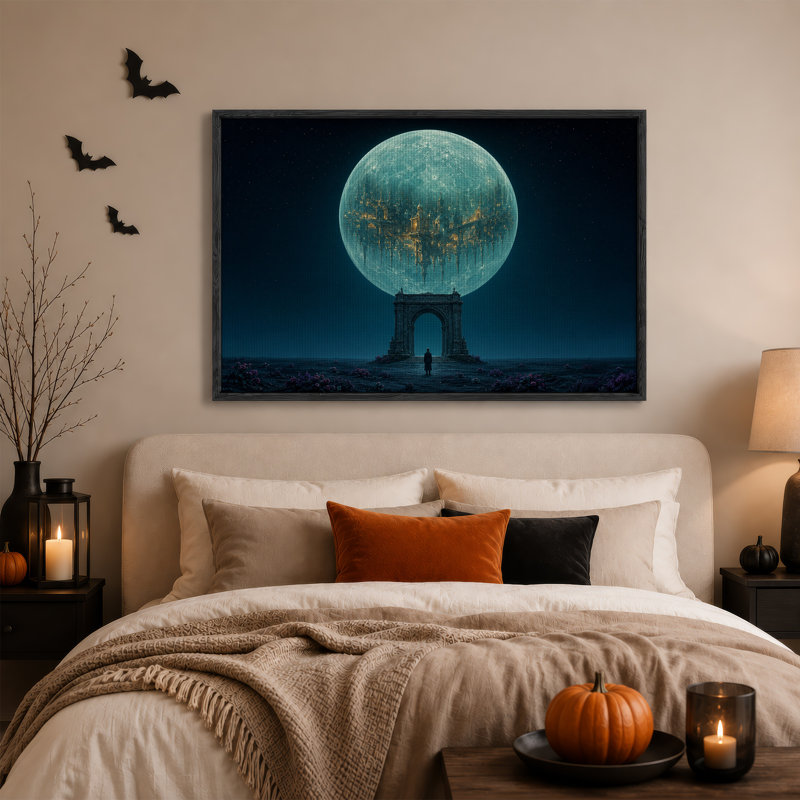 Toile murale d'Halloween avec lune bleue lumineuse et cité fantastique sur pierre, H 36 po x l 48 po