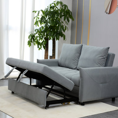 Futon convertible 2 places, bleu avec coussins et chargement, canapé en velours pour le salon, lit moderne 3 en 1, 2 poches de rangement latérales, chambre, réglable