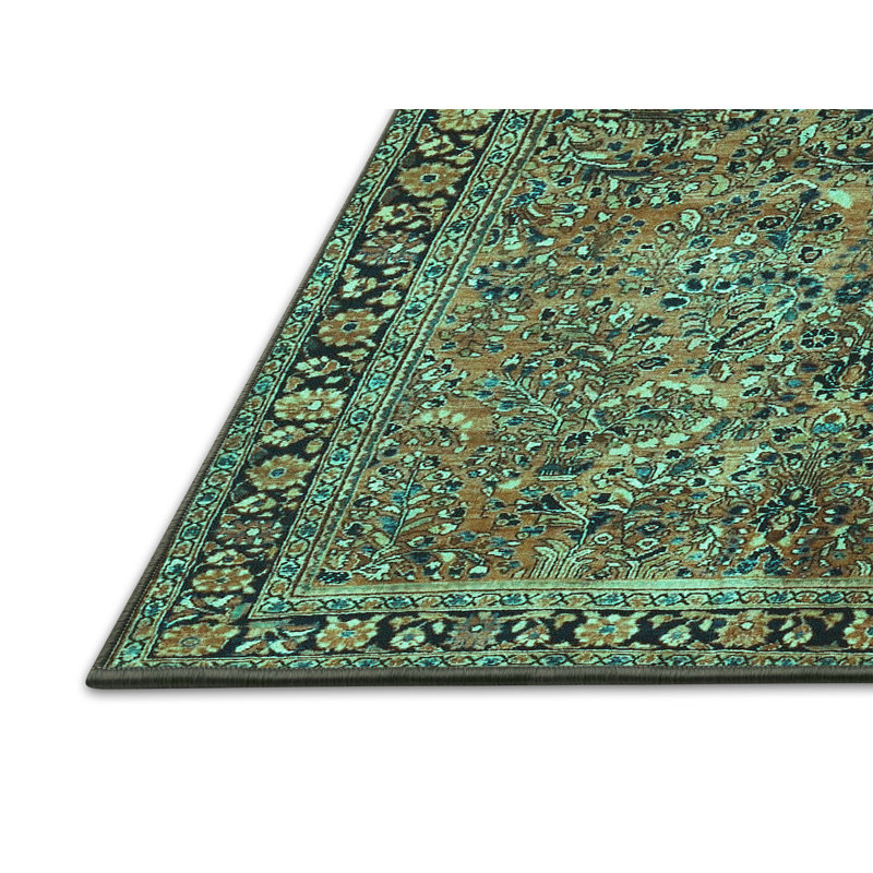 Tapis turquoise / brun / bleu marine tissé à la machine, Rectangle 2 pi x 3 pi
