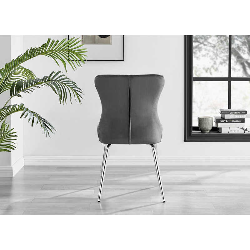 Tierra Glass and Chrome Metal Round Dining Table with 4 Luxury Velvet Dining Chairs, Dark Grey/Silver