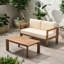 Table d'extérieur en bois et table basse avec coussins, brun beige et table