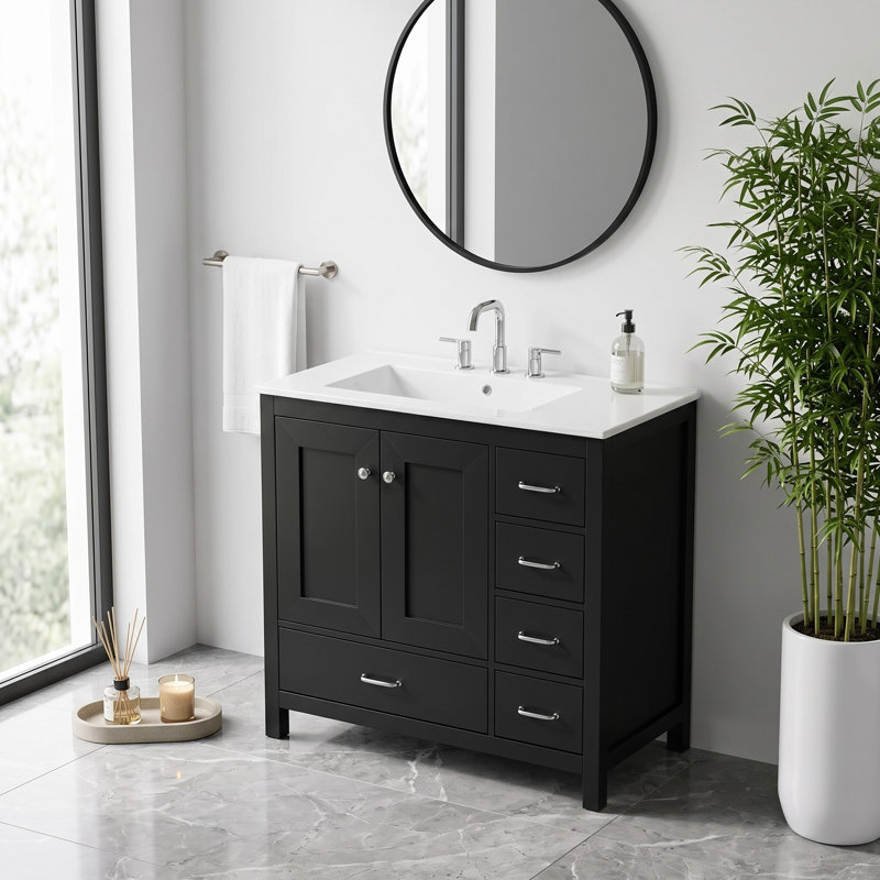 Ensemble de meuble-lavabo simple autoportant avec 5 tiroirs, Noir