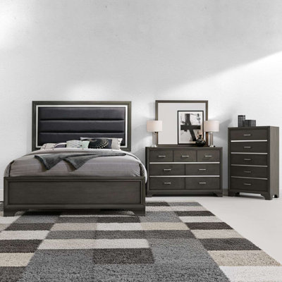 Modern Charcoal Gray Bedroom Set with Upholstered King Bed, Dresser, Mirror and Chest