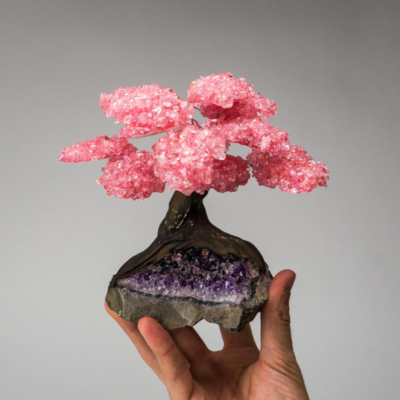 Large Genuine Rose Quartz Clustered Gemstone Tree on Amethyst Matrix Crystal