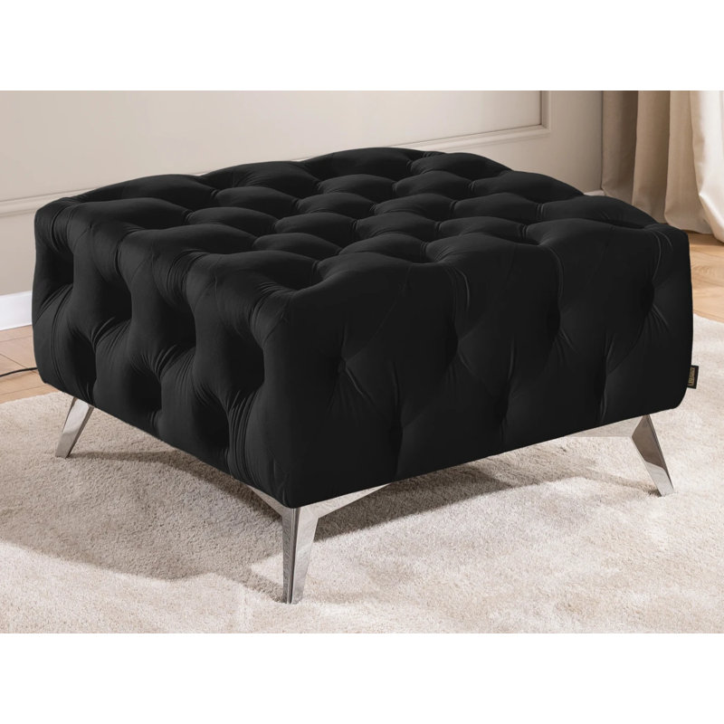 Whitby 80cm Wide Velvet Tufted Square No Pattern Footstool Ottoman, Chrome, Black