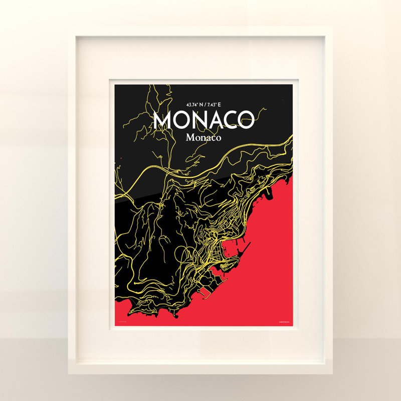 Monaco City Map, impression, Noir / rouge / jaune, H 20 po x l 16 po