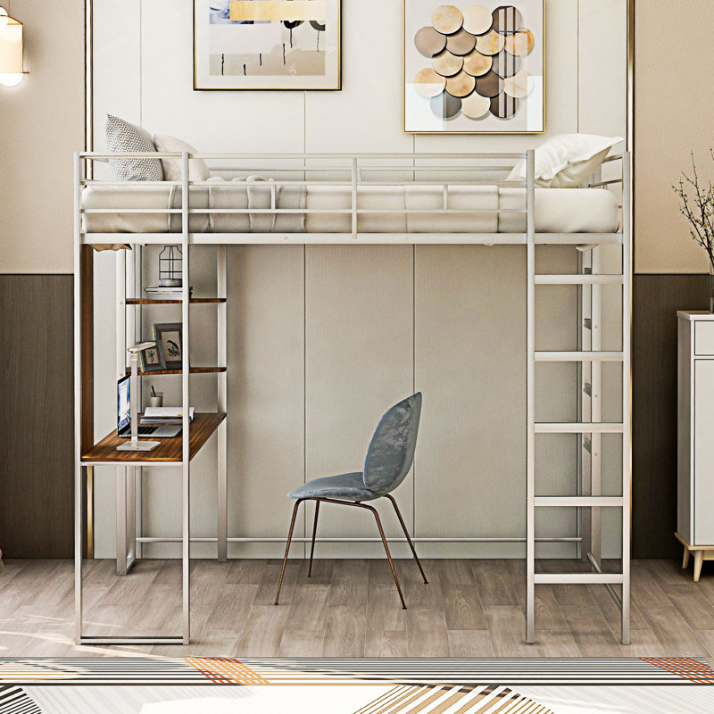 Lit mezzanine double en métal avec 2 tablettes et un bureau, Argent argent