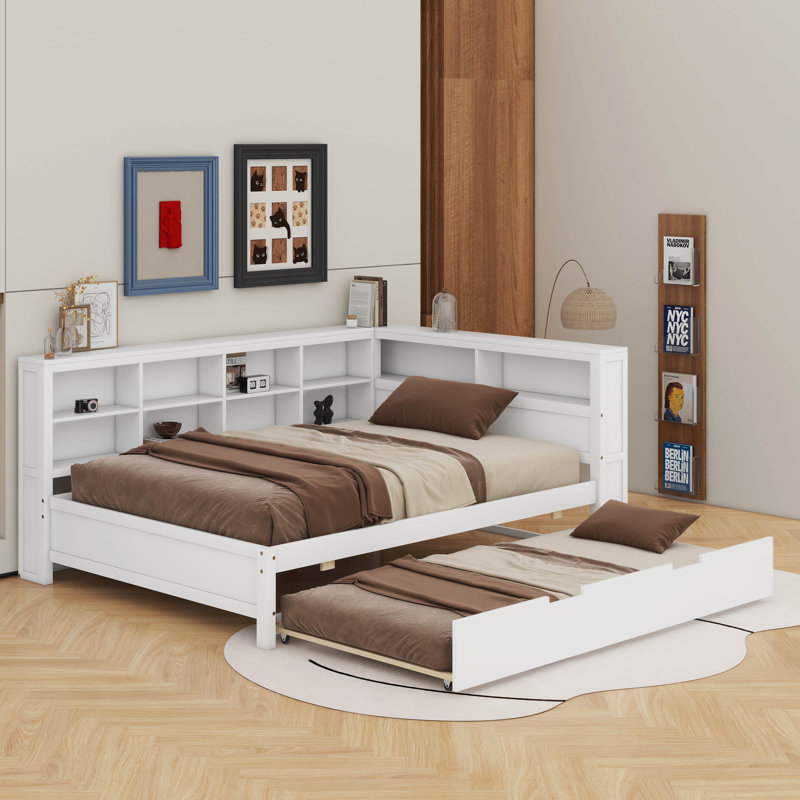 Lit de jour double en bois avec couchette, tablette de rangement et ports de chargement USB, Blanc