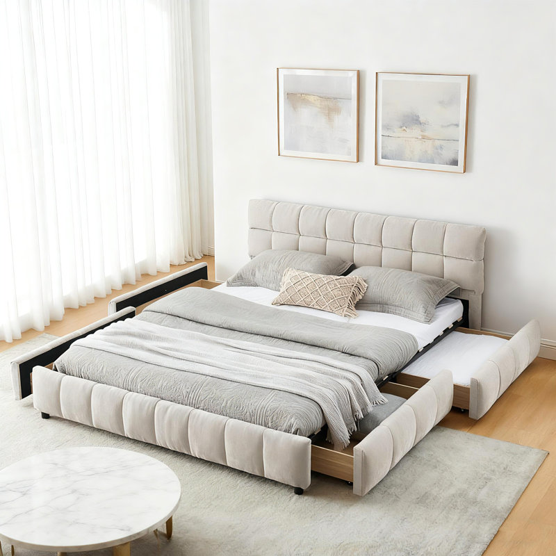 Grand lit tapissier, cadre de lit rembourré confortable, tissu chenille, avec tête de lit et cadre de lit solide. Avec tiroir pour le rangement - Gris foncé (88,5 po x 68,5 po x 31 po)