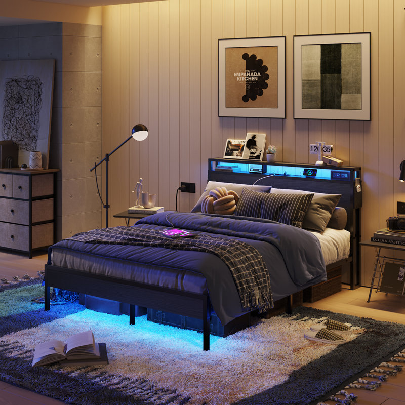 Annice Bed Frame with LED Light and Charging Station,Metal Platform with Power Outlets,Noiseless,No Spring Box Needed, Queen