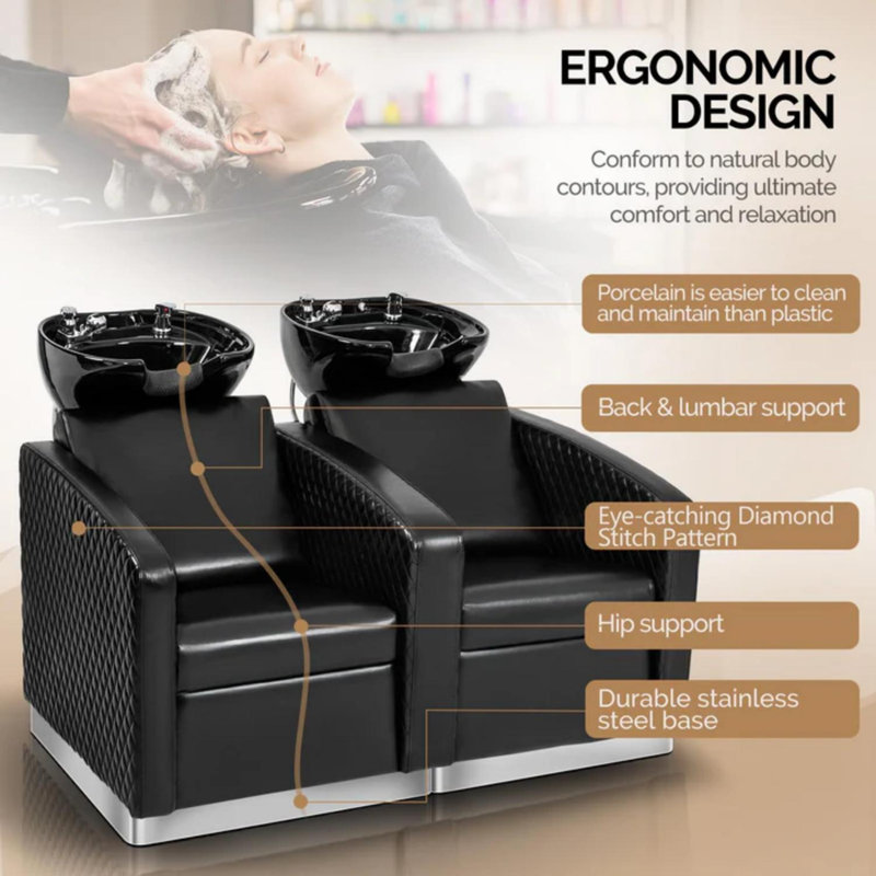 Unité de lavage à contre-jour à 2 places avec 2 grands éviers en céramique et base en acier inoxydable Omysalon