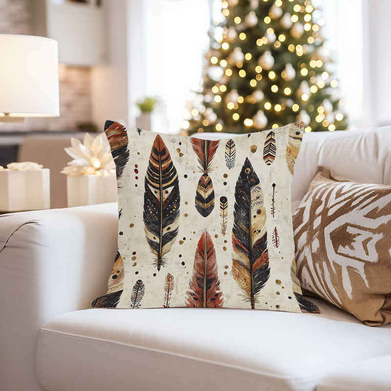 Boho Feather Dreams Pattern II Bohemian Throw Pillow Cover, Square 16"