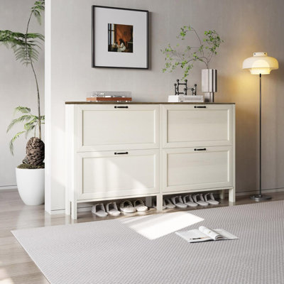 Slim Shoe Storage Cabinet With 4 Flip Drawers, Hidden Shoe Storage, Narrow Cabinet With 4 Doors