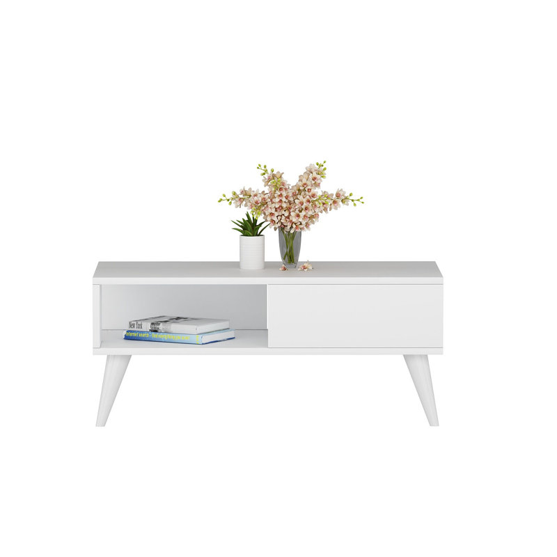 Table basse à 4 pieds avec rangement, Blanc, Blanc