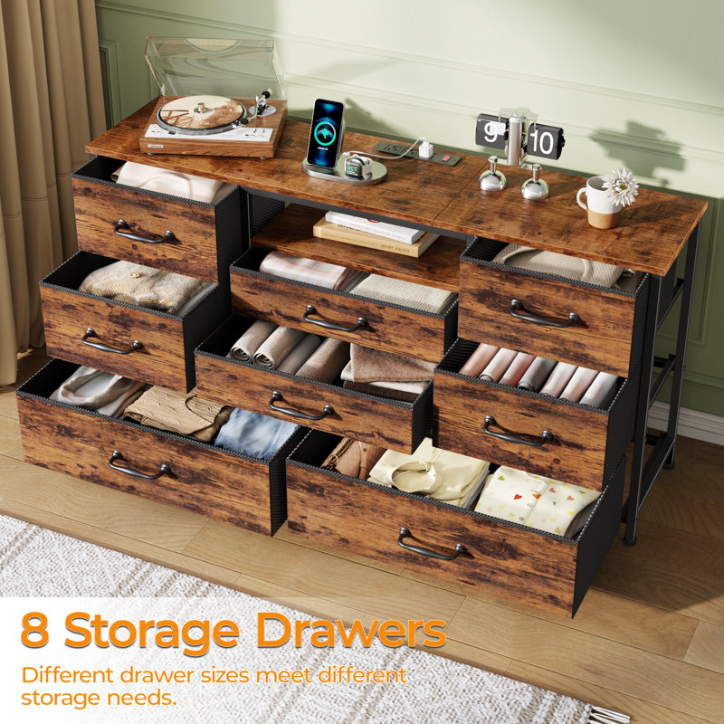 8-Drawer Fabric Dresser with Wood Top, Storage Chest, Rustic Brown