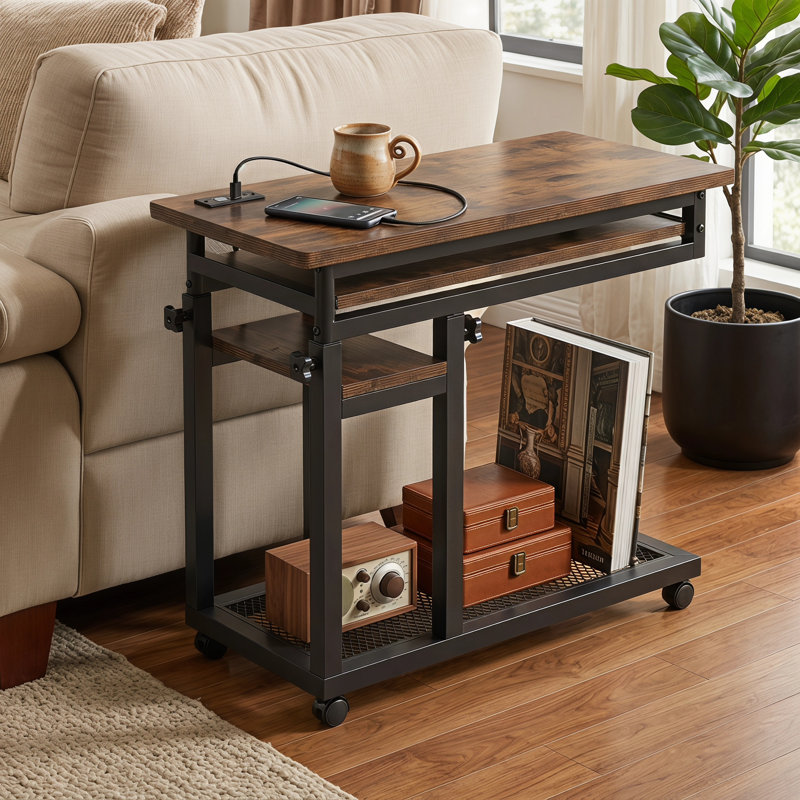 Table de bout à hauteur réglable de 31,5 po avec prises de courant, tablettes de rangement et plateau à clavier, Rustic Brown
