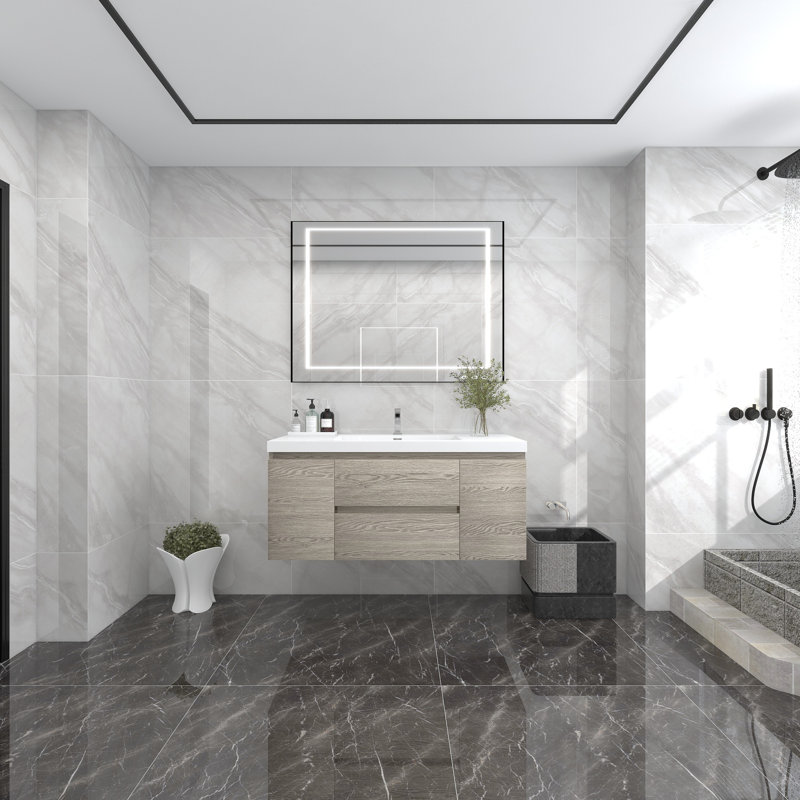 Ensemble de meuble-lavabo mural simple l 48 "Séoul, Teck chêne