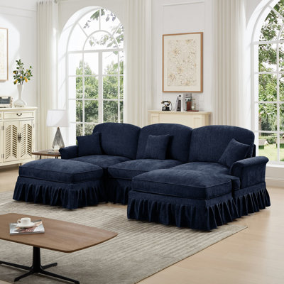 Classic Comfy Sectional Sofa Couch With Flared Arms And Removable Ruffles Pleats Skirts And Spindle Legs, Upholstered Chenille Deep Seat Cloud Sofa With Movable Ottomans