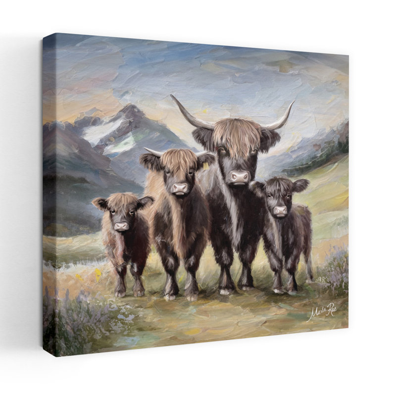 Highland Cow Family, art contemporain, H 24 po x l 24 po