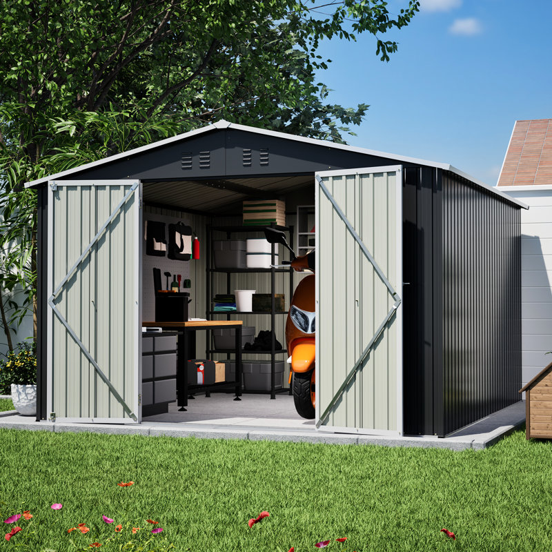 10X10 Ft Outdoor Metal Storage Shed, Black, Heavy - Duty Frame, Lockable Double Doors, All Weather For Backyard, Lawn & Patio, Ample Space Tools, Waterproof And Sloping Roof With Ventilation Openings