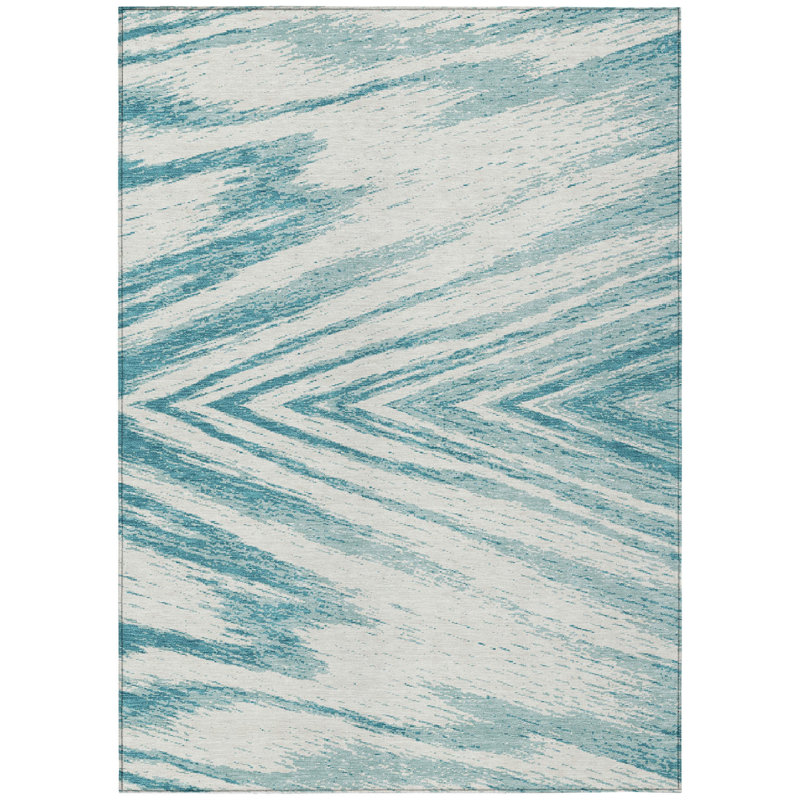 Tapis d'extérieur lavable abstrait bleu sarcelle et ivoire 8 pi x 10 pi