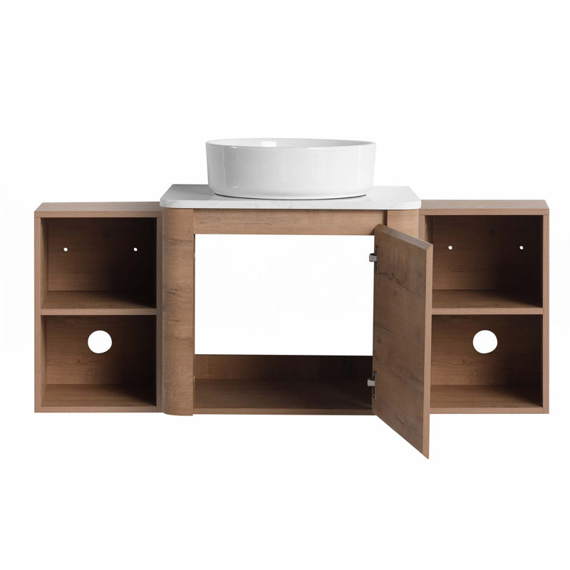 Meuble-lavabo mural avec lavabo d'art en céramique et 2 tablettes de rangement, 2 portes à fermeture douce, 48", Blanc