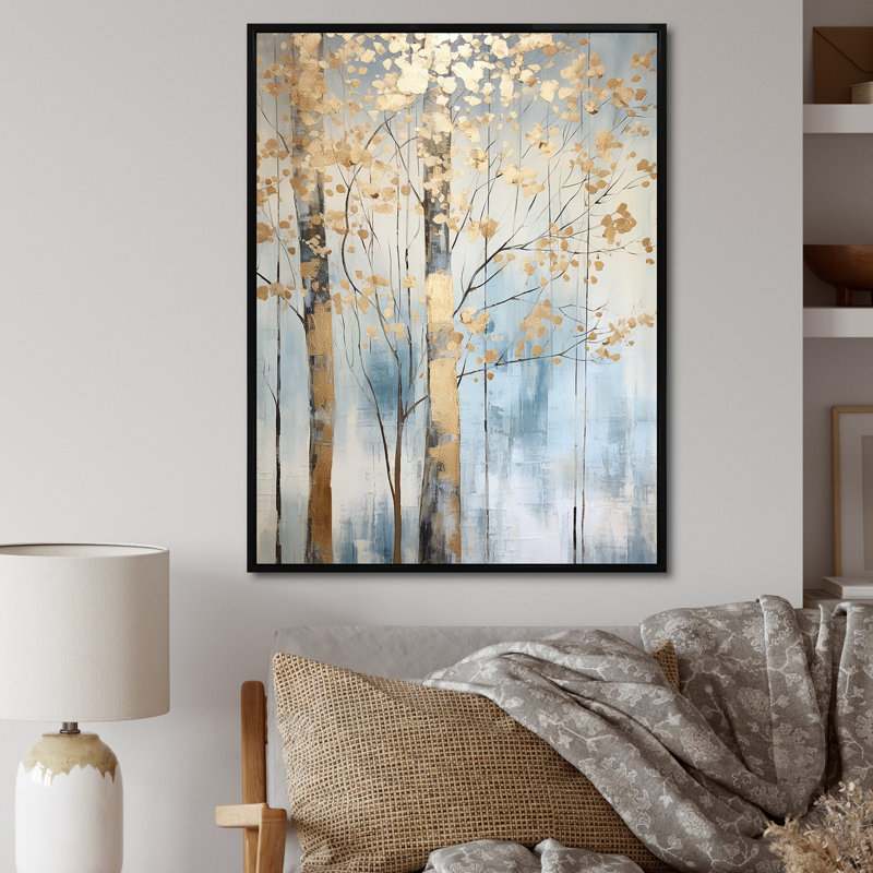 Or et bleu, arbres au trésor, paysage II - art mural arbres, Cadre flottant noir, H 40 po x l 30 po x P 1,5 po