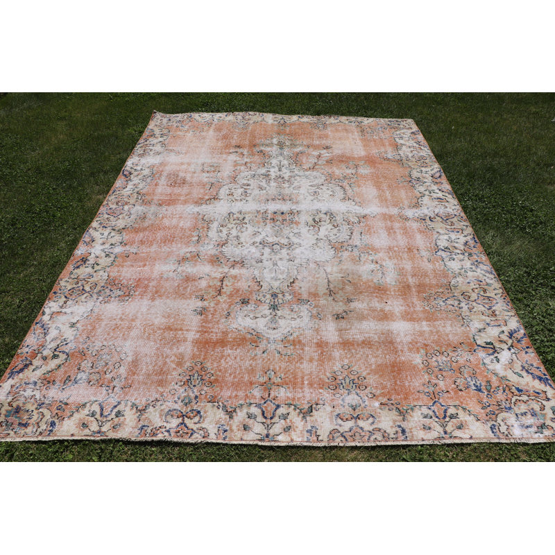 Tapis turc rétro en laine Oushak Anatolian au design unique, idéal pour les grands espaces