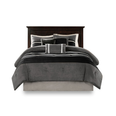 Édredon noir 7 pièces - Faux suède 3 coussins décoratifs avec détails de broderie et 2 taies décoratives pour une chambre luxueuse