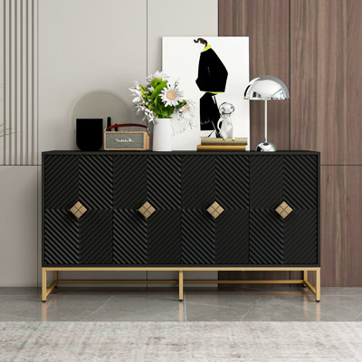 Modern Carved 4-Door Sideboard Buffet Cabinet with Storage, Narrow Depth Dining Cabinet with Adjustable Shelves and Solid Wood Handles for Dining Room, Living Room & Entryway