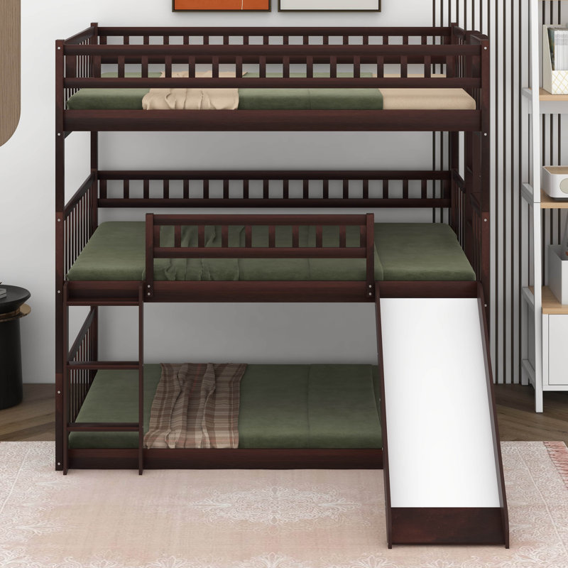 Full-Over-Full-Over-Full Triple Bed With Built-In Ladder And Slide, Triple Bunk Bed With Guardrails, 3 Bed Bunk Beds For Kids
