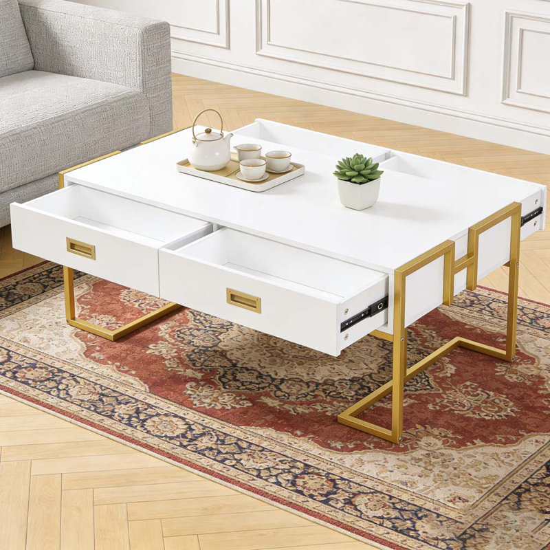 Table basse moderne blanche à 4 tiroirs, Blanc et or