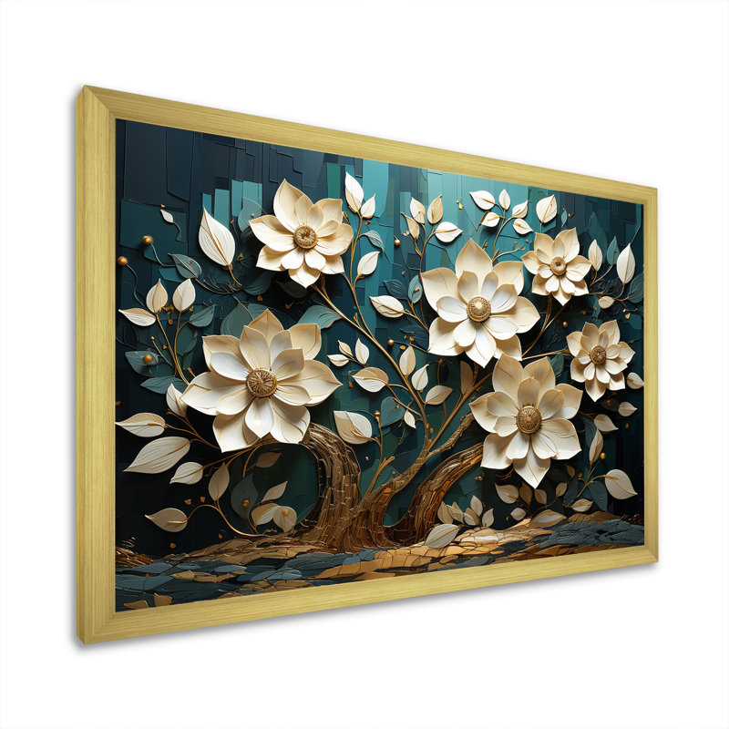 Blanc et bleu, charmante fleur printanière, art mural I, H 12 po x l 20 po x P 1 po, Cadre d'angle fermé doré