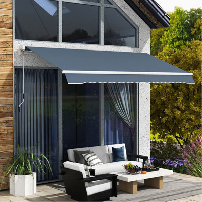Auvent rétractable de 12 pi x 10 pi avec auvent manuel pour terrasse, balcon, cour et gris anthracite 10 pi. Manivelle. Tissu. Cadre en aluminium tous les endroits.