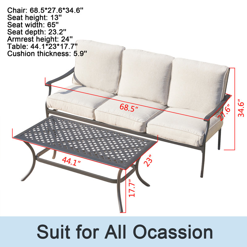 Ensemble de canapé d'extérieur à assise profonde avec coussins et table basse 2 pièces Vlachavas, Beige