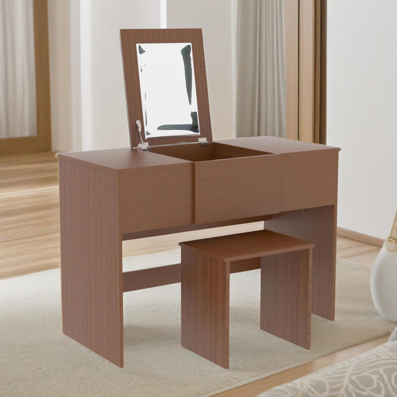 Akeesha Walnut Dressing Table with Mirror and Stool Dresser Makeup Desk Bedroom