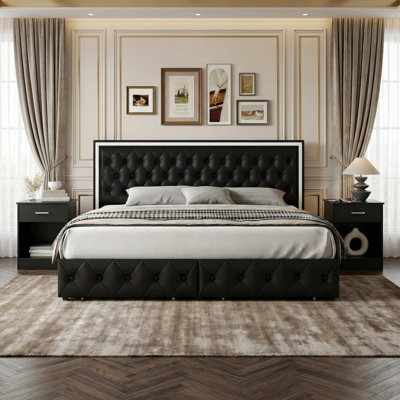 3-Piece Bedroom Sets, 4-Drawer PU Storage Bed+ 2 Nightstands,Nightstands Double as Side Tables
