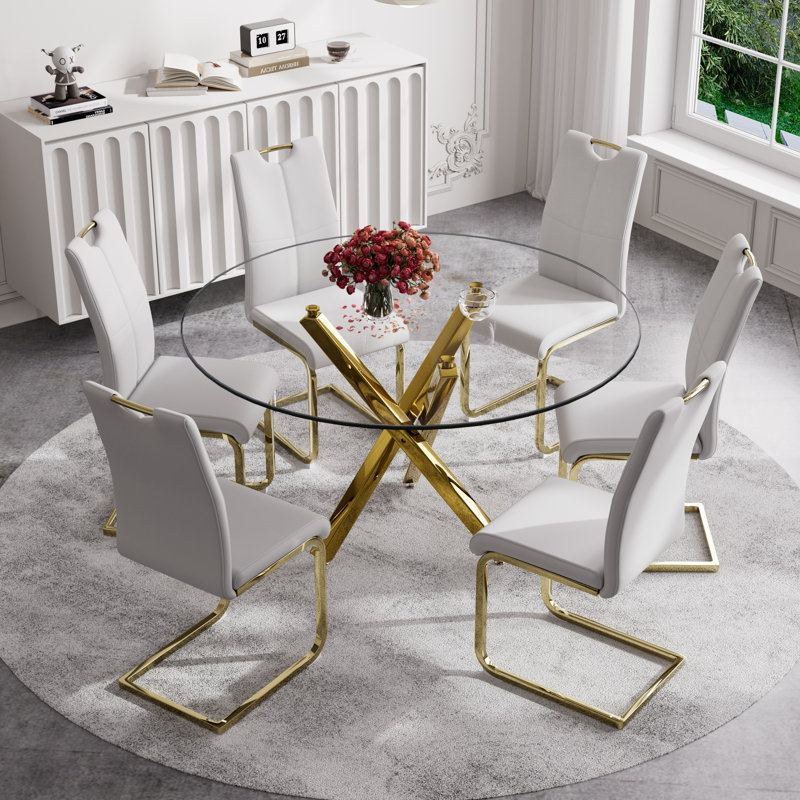7 Piece Dining Set, Dining Table and 6 Dining Chair, 29.52" H x 47.2" L x 47.2" W, Gray/Gold, Gold
