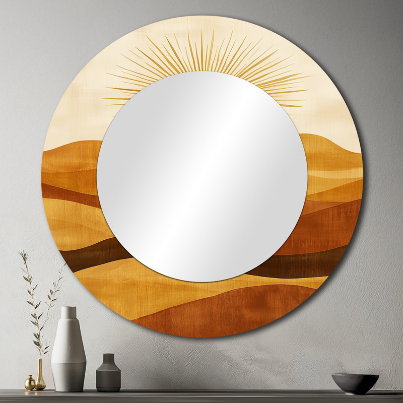 Rétro coucher de soleil sur les lignes désertiques - miroir mural rond Boho, impression métallique, 36" x 36"