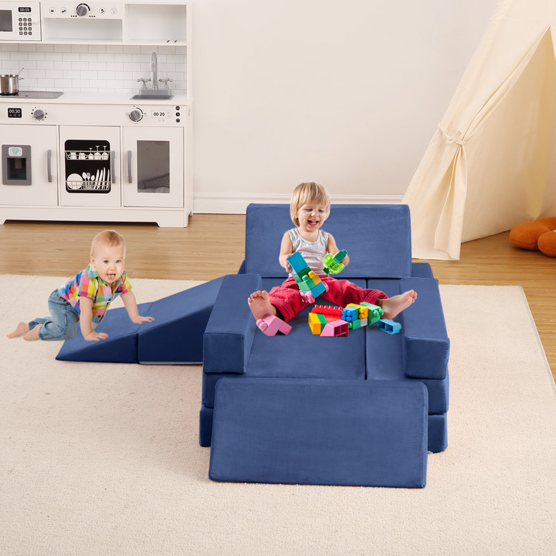 Canapé de jeu modulaire d'intérieur (12 pièces), bleu marine, en mousse polyvalente avec housse lavable à la machine, favorise le développement de la motricité et de la créativité.