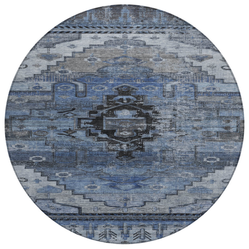 Machine Washable Indoor/Outdoor Xhevrie Blue Rug, Round 8'