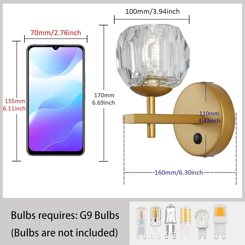 Modern Crystal Wall Sconces With K9 Crystal Shades, Luxury Vanity Wall Light Fixtures For Living Room, Bathroom, Hallway, Bedroom, And Mirror Sides